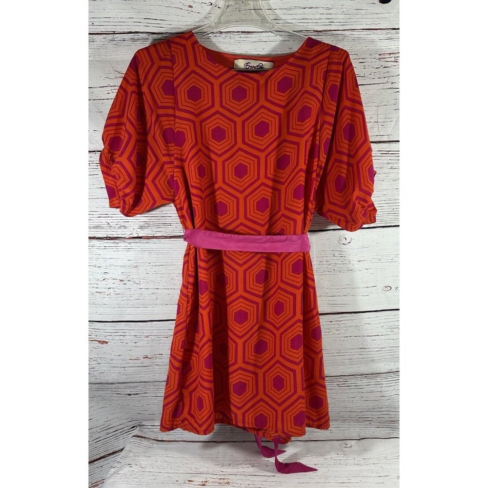 Emmelee For FC Dress Size Small Abstract Print Short Sleeve Belted Orange Pink